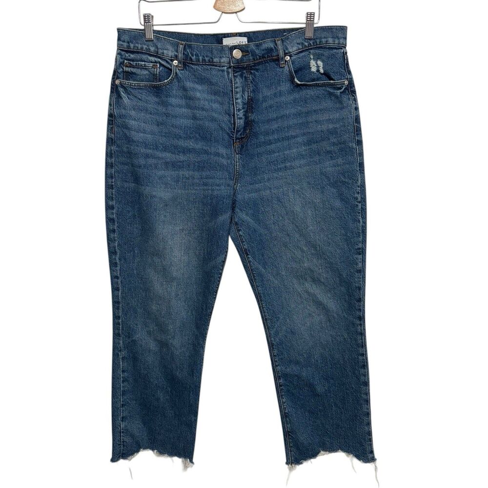 Loft High Waist Straight Crop Jeans Sz 14/32 Blue Raw Hem